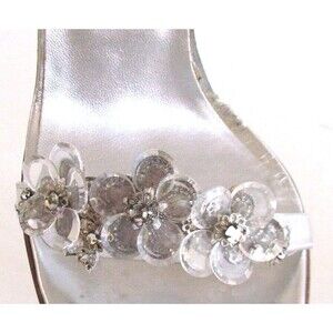 DESIGNER BADGLEY MISCHKA SILVER METALLIC CRYSTALS FLOWERS ANKLE STRAP SANDAL'S